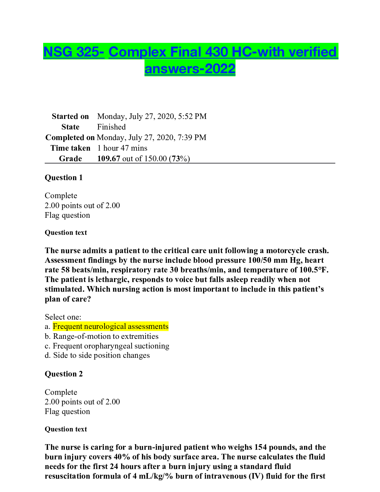 Preview of NSG 325- Complex Final 430 HC-with verified answers-2022